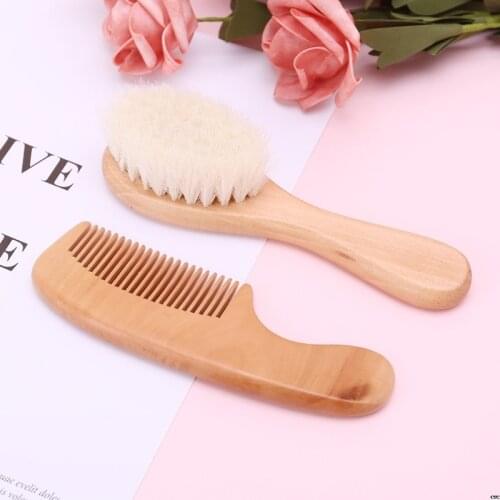 Baby Hair Brush Comb Wooden Hair Massage 2pcs/ Set Head Massager Natural Wool Kids Care Kit Baby comb brush