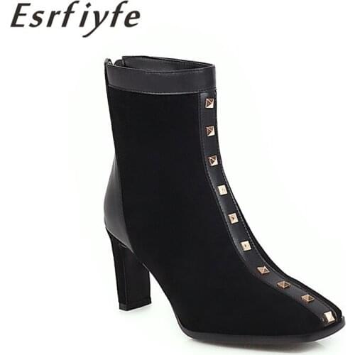 ESRFIYFE 2020 New Large Size 34-48 Women Ankle Boots Autumn Winter Woman High Heels Square Toe Shoes Woman Party Short Boots