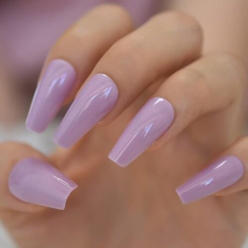 Glossy Light Purple Ballerina Fake Art Nails Coffin Long Salon Ballet False Fingersnails Art Extension Tips Free Jelly Tape