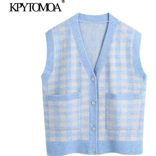 KPYTOMOA Women 2021 Fashion Oversized Check Knitted Vest Sweater Vintage V Neck Rhinestone Button Female Waistcoat Chic Tops