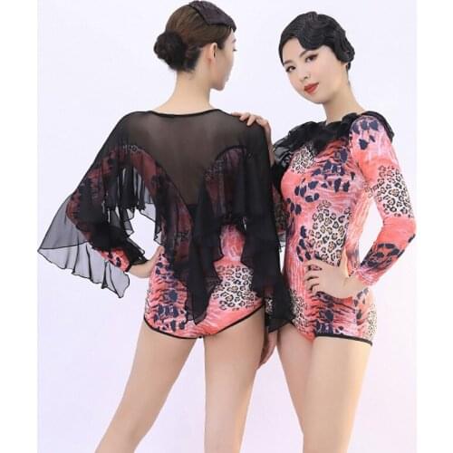 Leopard Ballroom Dance Tops Women Stage Costume Designer Clothes Waltz Dancer Outfit Long Sleeve Modern Dance Bodysuit JL3068