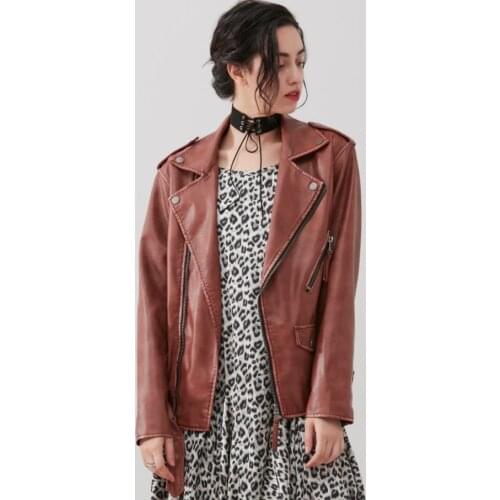 Fashion Rust red leather jacket Locomotive lapel collar pu Leather Jacket female Punk Motorcyle Leopard Jackets with belt F2131