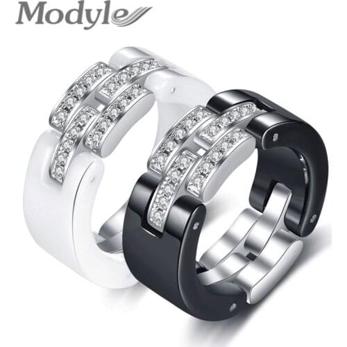 Modyle Black White Ceramic Anneaux Rings Jewelry Fashion Crystal Wedding Engagement Rings For Women Party Accessories