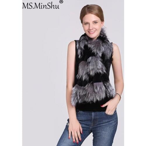 MS.Minshu Natural Fox Fur Scarf patchwork with rex rabbit fur 4 Lines Natural Plush Fur Scarf For women Winer Scarf