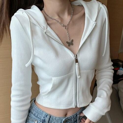 Casual Solid Ribbed Hoodies Crop Tops 2020 Sweater Sweet Long Sleeve Zipper Front Knitted Cardigan Streetwear Autumn White Swea