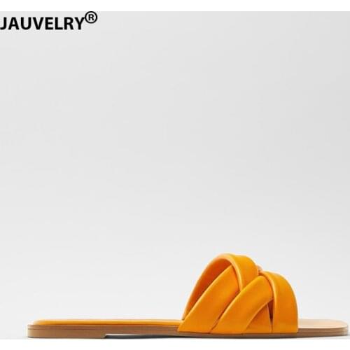 Summer Women Slides Open Toe Flat Sandals Orange Square Head Cross Belt Quilted Slippers Women Shoes Weave Casual Sandals