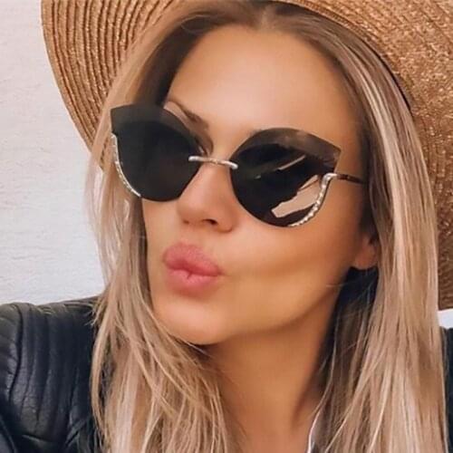Metal Half Semi Rimless Cat Eye Sunglasses Female Vintage Luxury Brand Oversized Sunglasses Shades For Women Celebrity