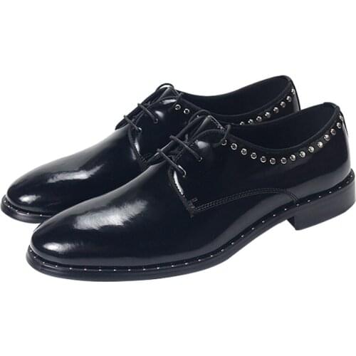 Fashion Rivet Business Men Shoes Pointed toe Black Genuine Leather Lace up Formal Wedding mens shoes Dress shoes for men