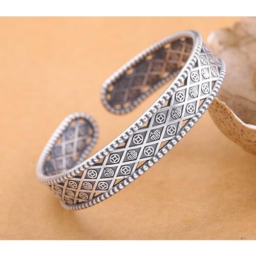 Uglyless Hollow 12MM Wide Thai Silver Bangles for Women Vintage Ethnic Cross Open Bangle Real 999 Full Silver Fine Jewelry BA725