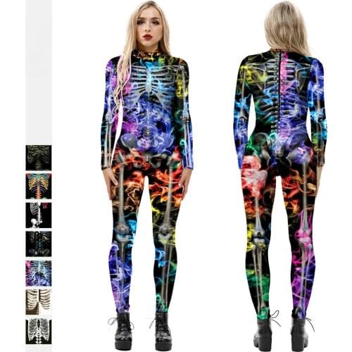 Women Skeleton Print Jumpsuit Halloween Party Cosplay Costume Fitness Elastic Zentai Outdoor Fitness Bodysuit Female Show Romper