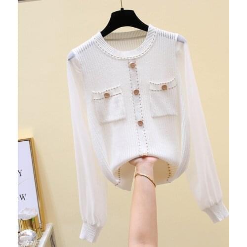 2021 Spring And Autumn New Yarn Sleeve Temperament Round Neck Hollow Out Ice Silk Knitted Pullover Womens Long Sleeve Thin Top