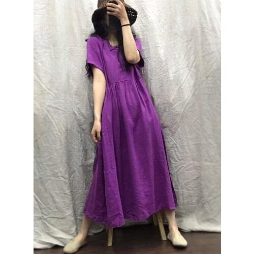 Women Linen Dress Ladies Solid Color Summer Short Sleeve Dress Female 2020 Flax Dresses