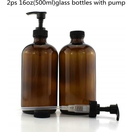 16-Ounce Amber Glass Bottles W/Pump Dispensers (2-Pack); Refillable Lotion Liquid Soap Pump Brown Bottles BPA-Free Plastic Tops