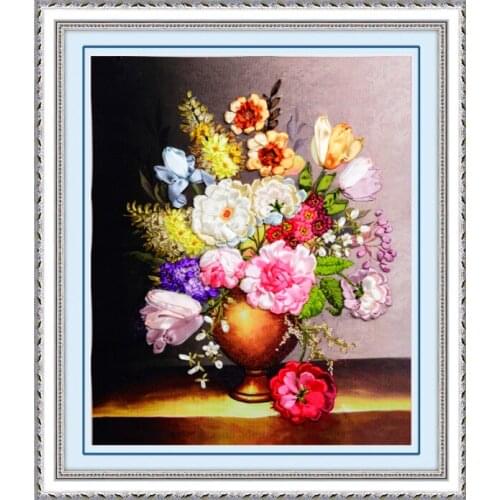 65x55cm Unlimited flowers Ribbon embroidery kit stain painting set handcraft kit DIY handmade needlework art home decor