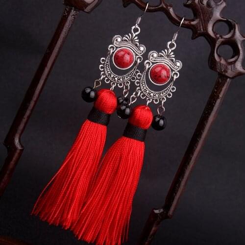 Big star traditional Fringes tassel dangle earringsbule , New Chinese wind Ethnic earrings jewelry red