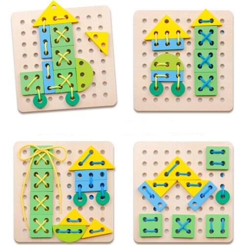 Wooden Wearing Rope Toys For Children Early Childhood Education Stringing Threading Puzzle Block Baby Kid Learning Education Toy