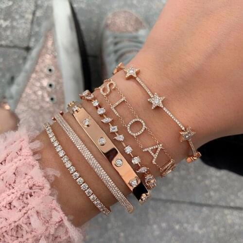 Geometric Rainbow Cz Star Bar Link Chain Bracelet For Women Girl Colorful Cubic Zirconia High Quality Charming Christmas Gift