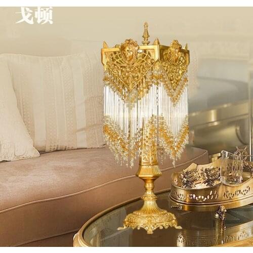 Crystal Antique Brass Metal Table Lamp Marble Base Mid Century Modern Reading Lamp Office French style copper tassel bridal lamp