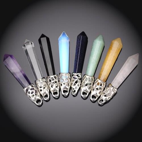 Fashion Women Natural Stone Pendant 2016 Famous Brand Colorful Hexagon Crystal Gem Point Pendants Silver color Pingentes