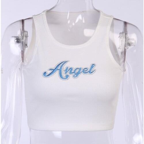 Charming Women Sweater Vest Angle Letters Print Embroidery Tank Top T Shirt Summer Fashion Sleeveless Crop Top for Ladies E-Girl