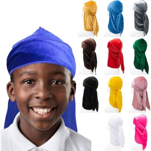 Solid Velvet Tail Scarf Bandanas Durag Pirate Caps Beanies for Boy Girl Headwear Turban Children Warm Head Wrap Hair Accessories