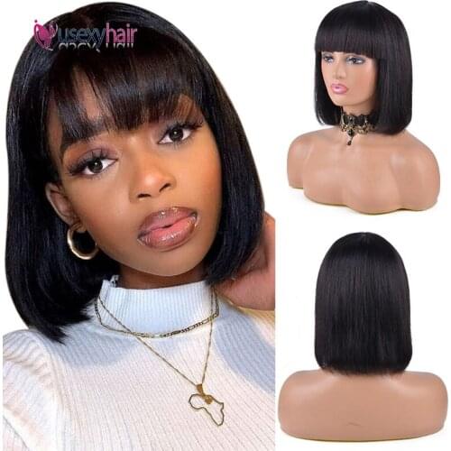 Human Hair Wigs with Bangs Short Straight Bob 150% Density Full Machine Made Wigs Natural Looking Black Color for Black Woman
