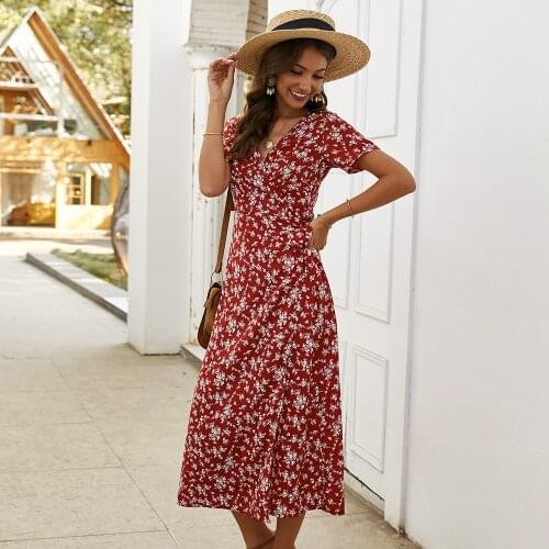 Bohemian Holiday V-neck Floral Pattern Midi Wrap Dress Bow Sashes Cross Design Short Sleeve Split Retro Vestido Mujer Sundress
