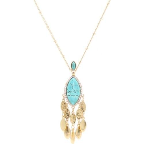 Light Yellow Gold Color Alloy Marquise Shape Green Turquoises Stone Pendant Link Chain Necklace Bohemian Style Jewelry