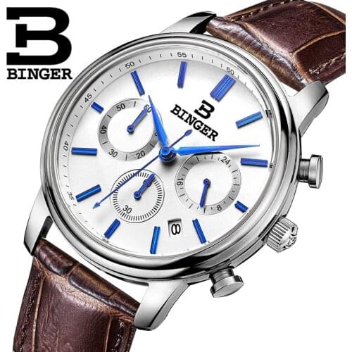 Switzerland BINGER mens watch luxury brand Quartz waterproof Chronograph Stop clock leather strap Wristwatches B9005-2