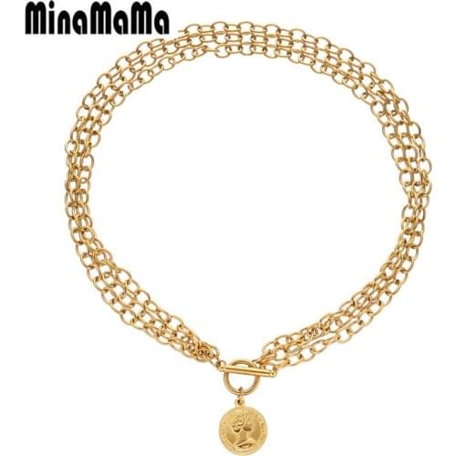 Hip Hop Multilayers Stainless Steel Chunky Chain OT Buckle Coin Beauty Head Pendant Necklace For Women Toggle Choker Jewelry
