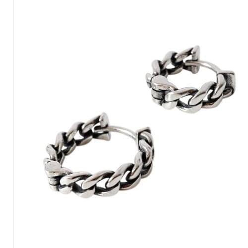 Vintage Real 925 Sterling Silver Earrings Woman Link Chain Shaped Punk Antique Silver Hoop Earring Female Decoration