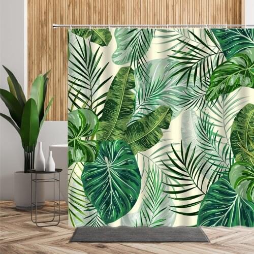 Northern Europe Tropical Green Plants Bathroom Shower Curtain Palm Leaf Background Bathtub Screen Waterproof Bath Curtains Set