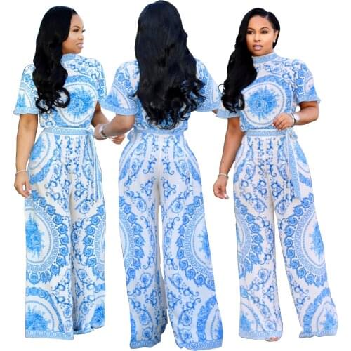 Womens European and American Hot Selling Sexy Fashion Printing Wide-legged Type Casual Pants Full Length Jumpsuits
