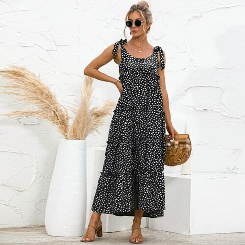 Womens Sexy Sling Lace Up O Neck Dot Printed A Line Dress Summer Lady Elegant Ruffle Patchwork Maxi Dresses Femme Robe Vestidos
