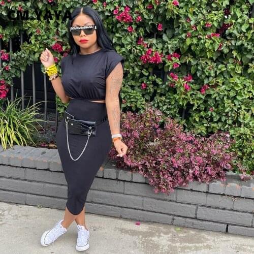 CM.YAYA Women Set Solid Shoulder Pads Crop Tops Sheath Elastic Bodycon Long Maxi Skirts Two 2 Piece Sets Sexy Tracksuit Outfit