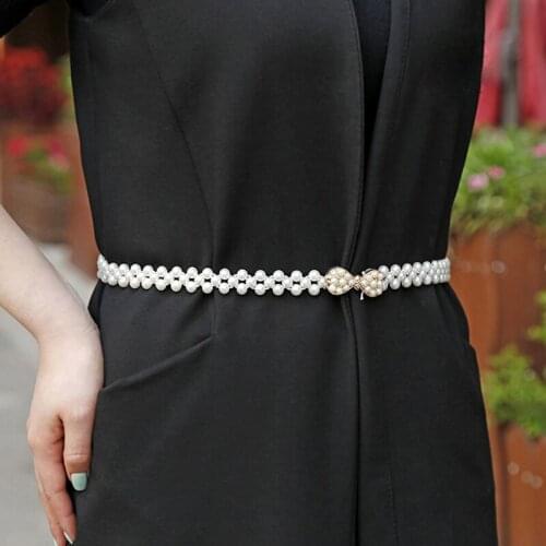 2021 Women Pearl Waist Belt Elastic Buckle Elegant Pearl Chain Belt Female Girls Dress Skirt Crystal Strap Multi Style Waistband