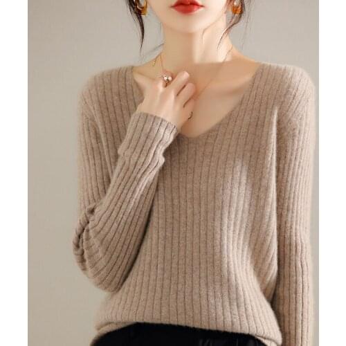 2021 Autumn Winter High Quality 100% Wool Sweater Women Knitted Ribbed Pullover Female V-Neck Soft Warm Slim Jumper Pull Femme