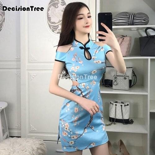 2021 women sexy chinese dress vintage qipao oriental flower printing satin modern cheongsam female banquet party short vestidos
