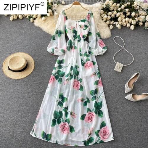 Womens Elegant Half Sleeve Side Split Floral 2021 Summer Ladies Low Cut Suqare Neck Party Vestidos Streetwear Dress D034
