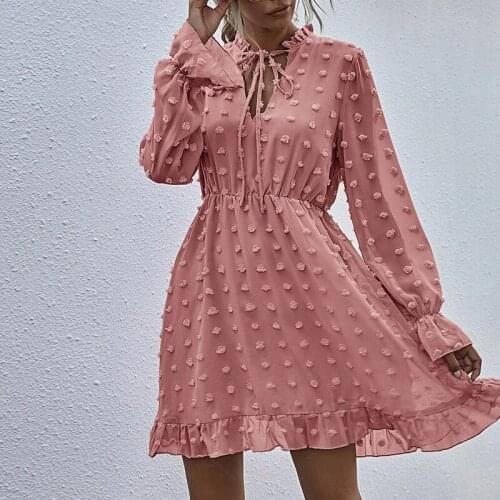 2021 New Spring Pompom Ruffle Dress Casual Flare Sleeve Lace Up A Line Dress Solid Female Chic Slim Street Office Midi Vestidos