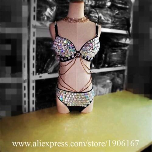 2018 Catwalk Bikini Sexy DS Costumes Sexy Lady Nightclub Bar Singer DJ Collar Drill Dancewear Underwear Set Pole Dance Clothing