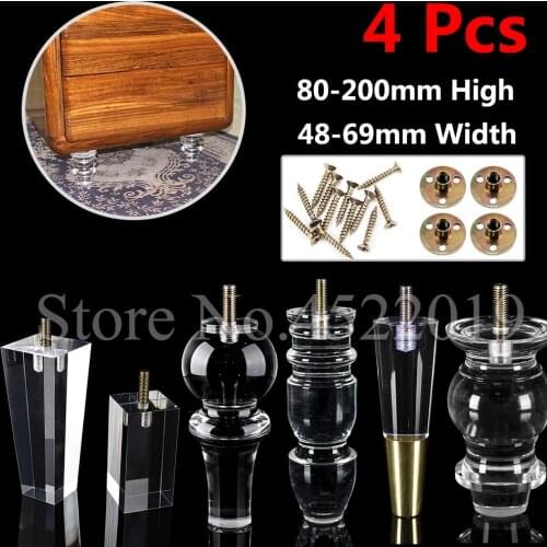 4Pcs M10 Screws Acrylic Furniture DIY Legs Clear Glass Feet ,for End Table Coffee Tables Buffets Cabinet Bed Tea bar Stool feet