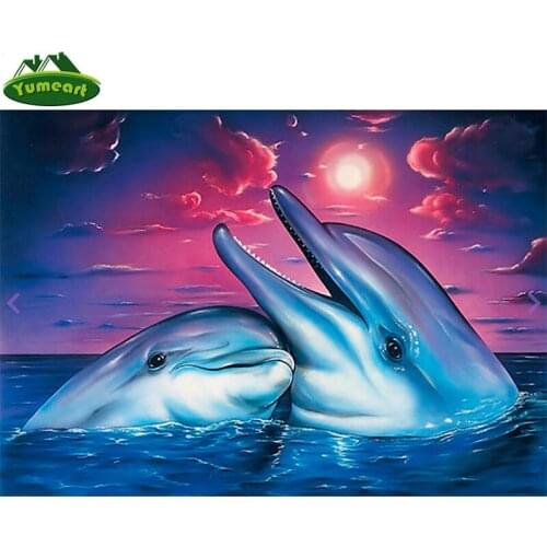 Full Square Diamond 5D DIY Diamond Painting Happy Dolphin Animals Embroidery Cross Stitch Kits Sea Sunset Painting Living Decor
