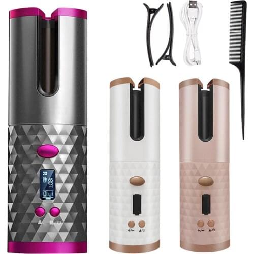 Portable Wireless Automatic Curling Iron Hair Curler USB Rechargeable for LCD Display Curly Machine with 1 Comb+2pc Clips