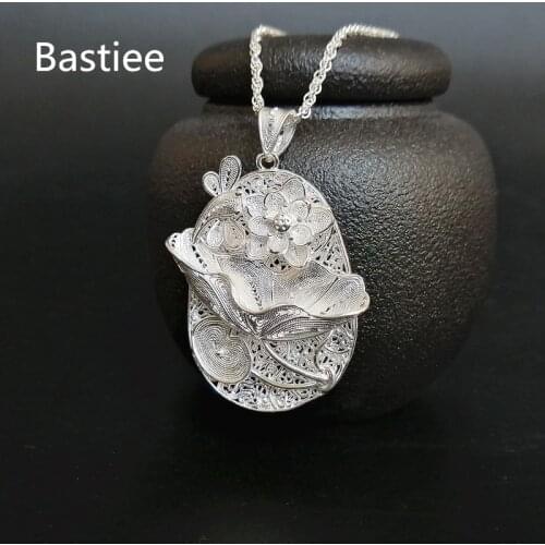 Bastiee Lotus Flower 999 Sterling Silver Big Pendant Women Accessories Chakra Necklace Weave Hollow Out Luxury Jewelry Vintage