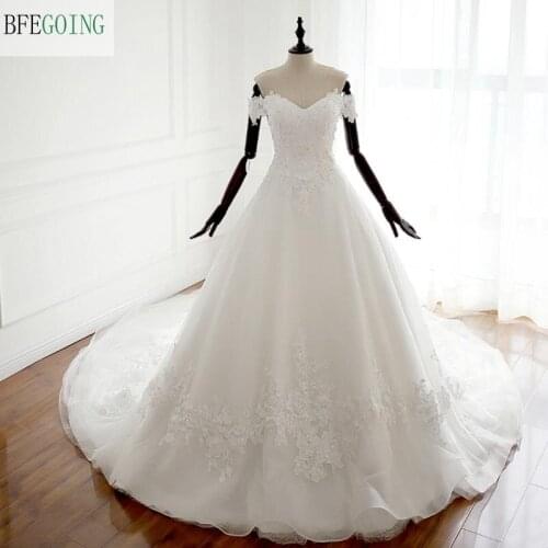 White Tulle Lace Floor-Length V-Neck A-line Wedding dress Chapel Train Lace up Beading Bridal Gown Custom made