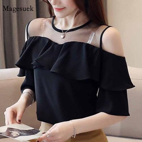 Summer Short Sleeve Chiffon Blouse Women Shirt Off Shoulder Top Womens Tops and Blouses Women Blouses 2021 White Blouse 4206 50