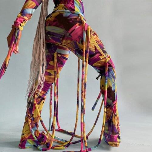 2021 Stylish Tie Dye Print Lace Up Sweatpants Unique Design Rope High Waist Color Painting Sports Women Long Pants Slim Trousers