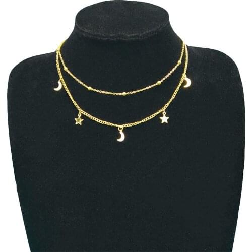 Chic Moon Star Tassel Charm Double Layer Chain Choker Necklace Women Fashion jewelry Decor Accessory Valentines Day present