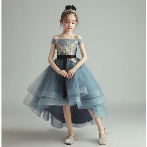 Flower Girl Dresses Illusion Off The Shoulder Boat-Neck Sequined Embroidery Princess Knee-Length Tulle Lace Kids Party Gown H383